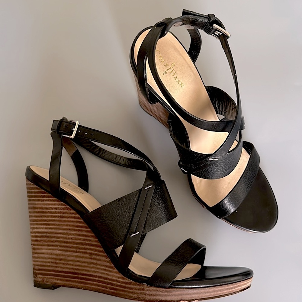 Cole Haan Nike air high strappy wedge sandals black leather stacked look wedges